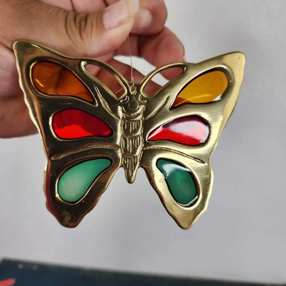 Vintage Brass & Glass Butterfly Suncatcher Hanging Decor Collectible
